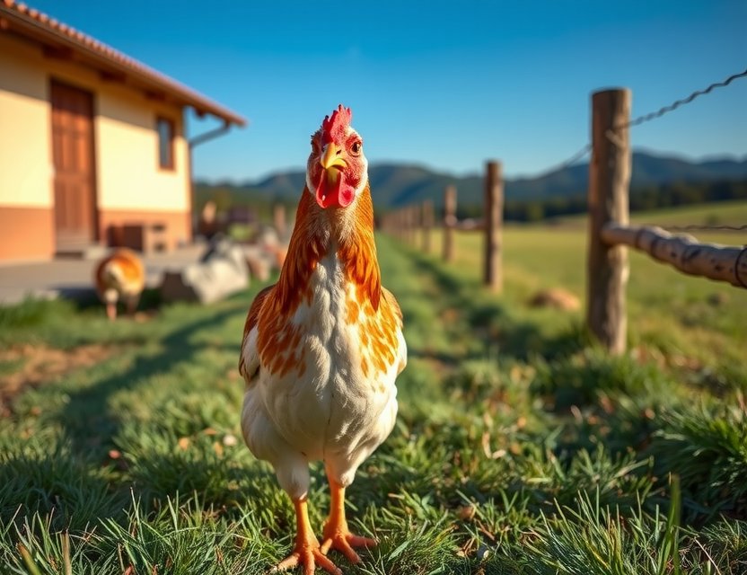 Un pollo confundido en la granja de Playqubi, representando el error 404 de manera amigable