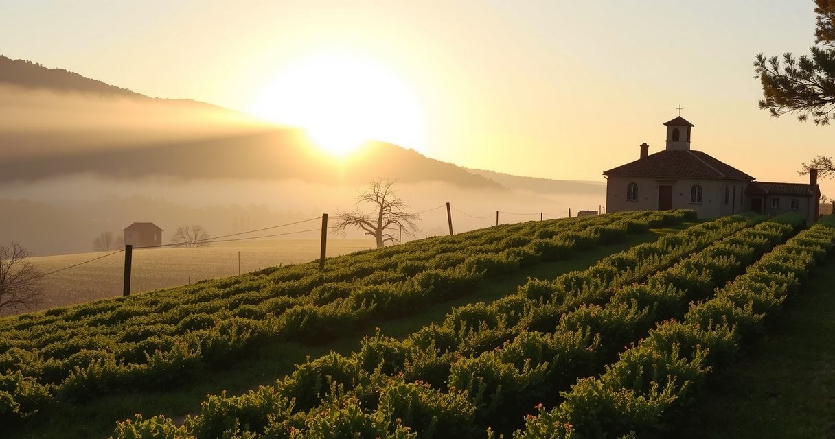 Granja Playqubi al amanecer, campos verdes y edificios rústicos bajo luz dorada