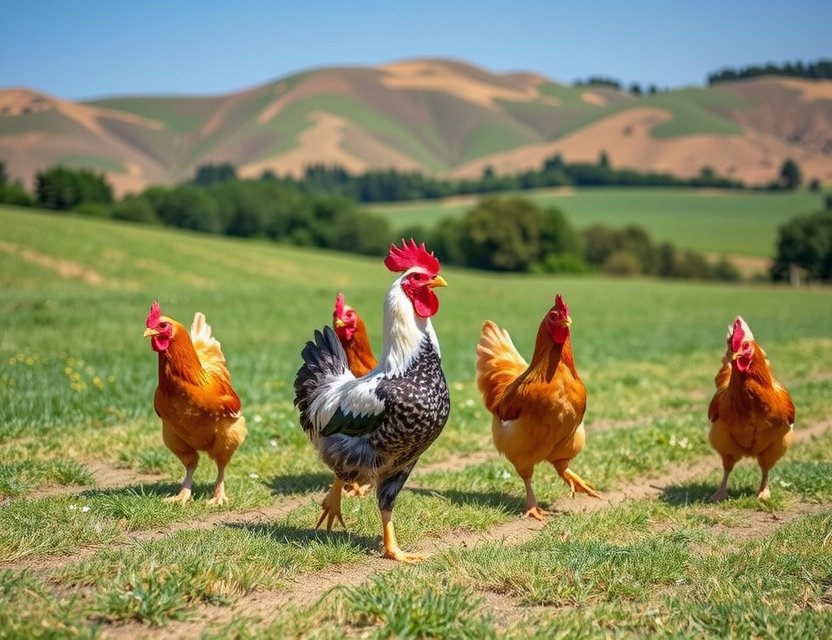 Pollos maduros en campos exuberantes