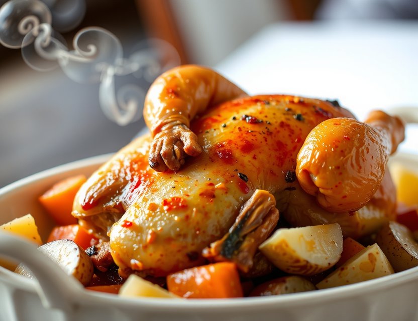 Pollo asado receta con pollo entero fresco de Playqubi, ideal para cenas familiares