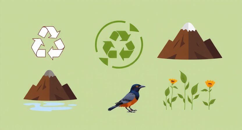 Infografía de prácticas sostenibles: reciclaje, conservación de agua y biodiversidad